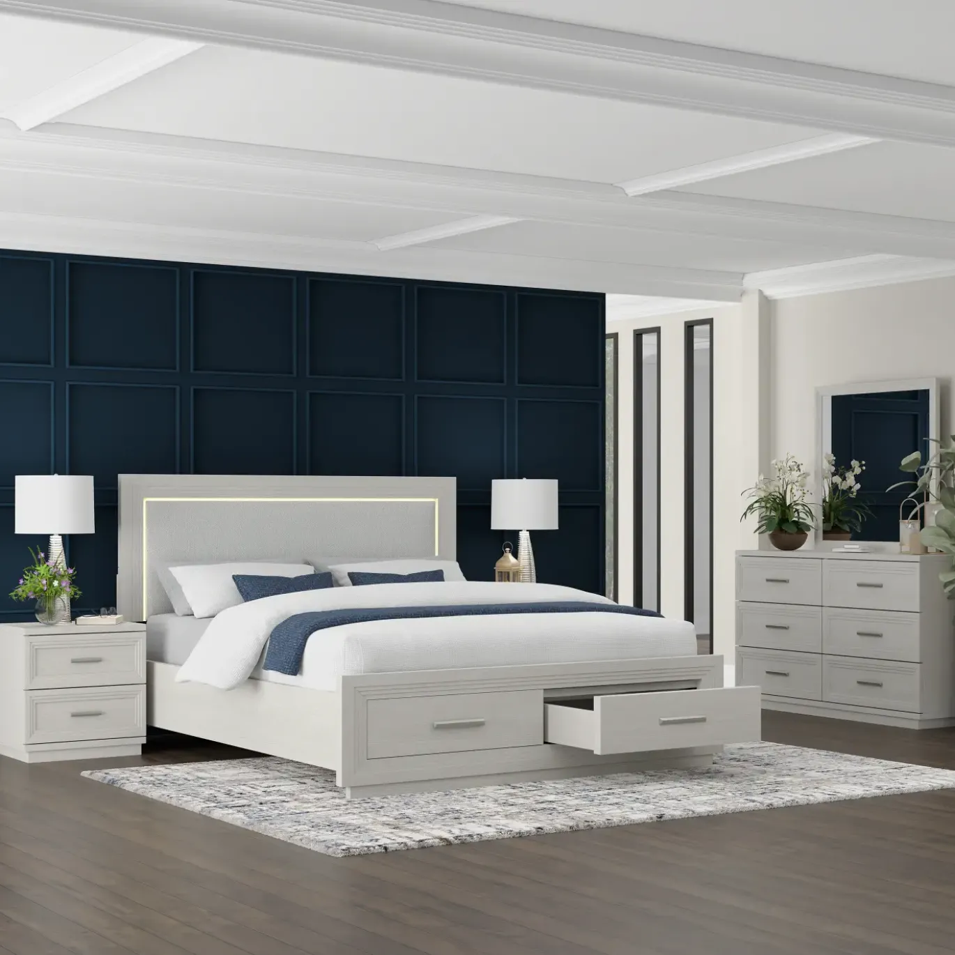 Burbank Bedroom Set Queen Storage Bed, Dresser, Mirror & Nightstand