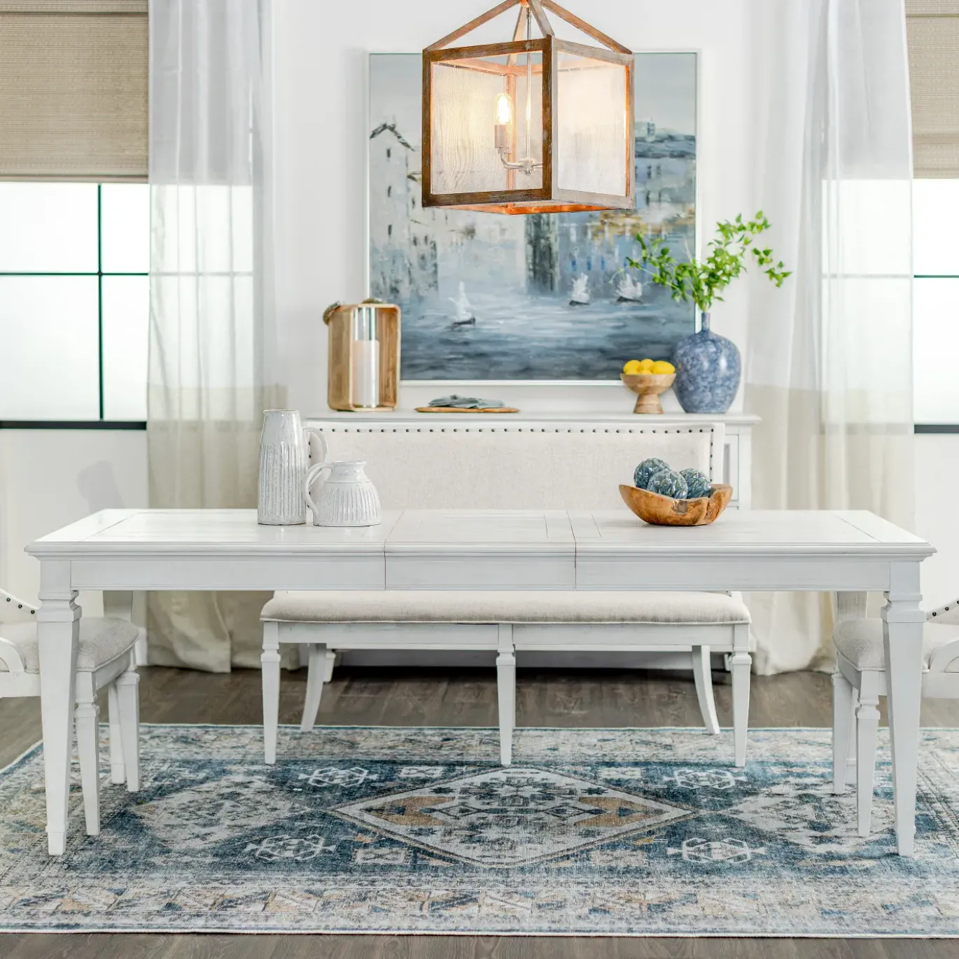 East Bay 6pc Dining Set: Extendable Dining Table, 4 Arm Chairs & Bench